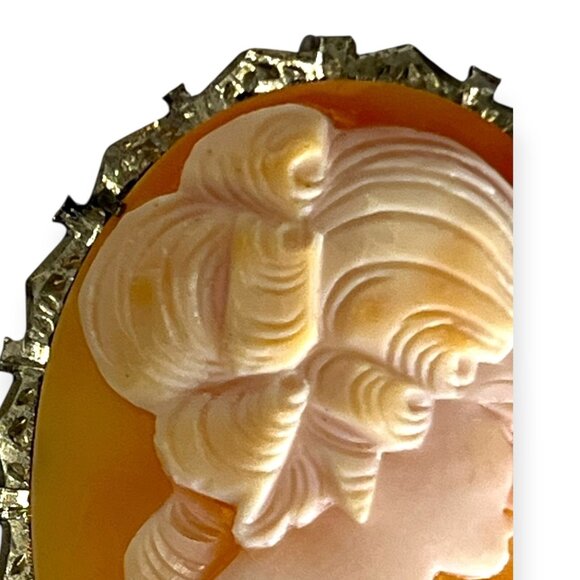 Antique Victorian Hand Carved Shell Cameo Sterling Silver Brooch Pendant 1.75" - Picture 5 of 7